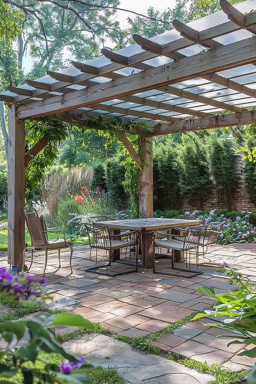 A peaceful garden pergola with a dining table set, surrounded by lush greenery and vibrant flowers under a clear sky.