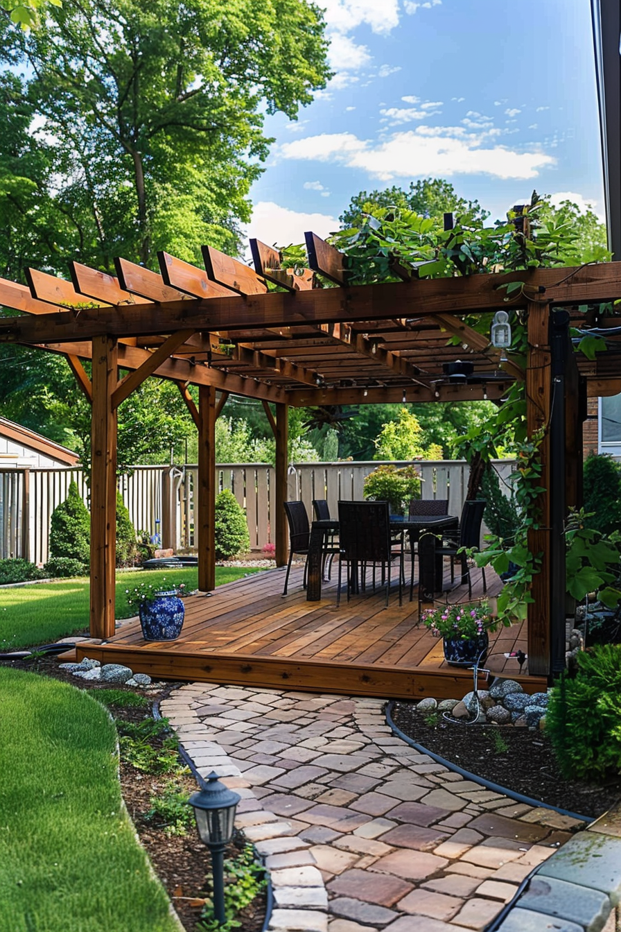 ALT text: A wooden pergola over a backyard deck with a dining set, surrounded by landscaped garden and brick path under a clear blue sky.