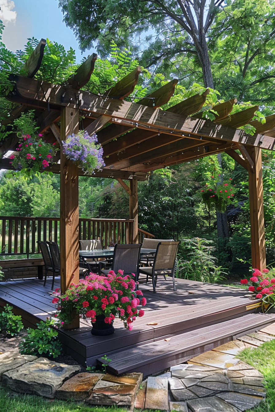 Wooden deck with pergola, outdoor furniture, and blooming flowers, surrounded by lush greenery on a sunny day.