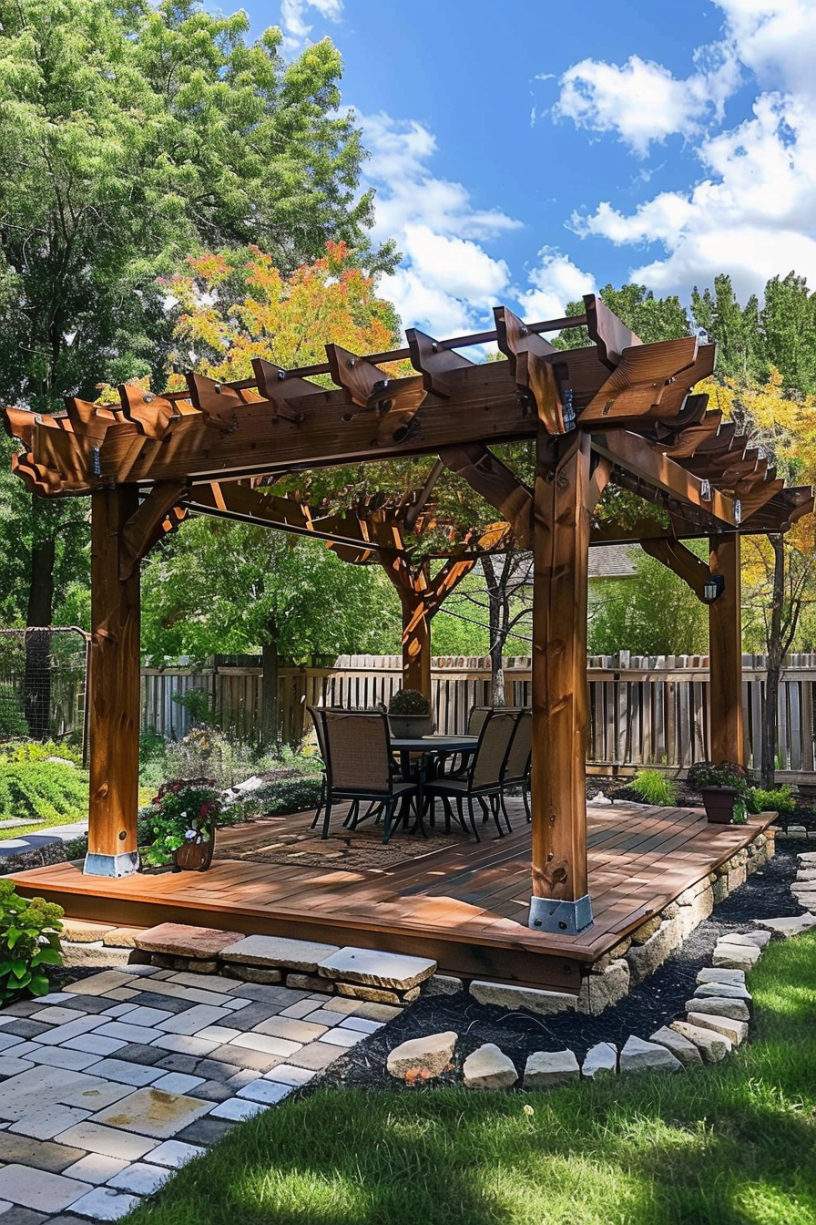 Wooden pergola over a deck with a dining set, surrounded by lush garden and stone path, under a clear blue sky.