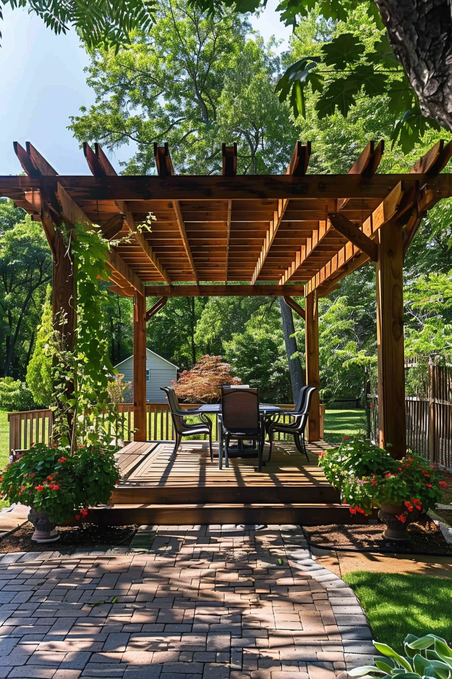 ALT Text: "Wooden pergola with dining set on a deck, surrounded by lush greenery and blooming flowers, with a cobblestone path leading up to it."