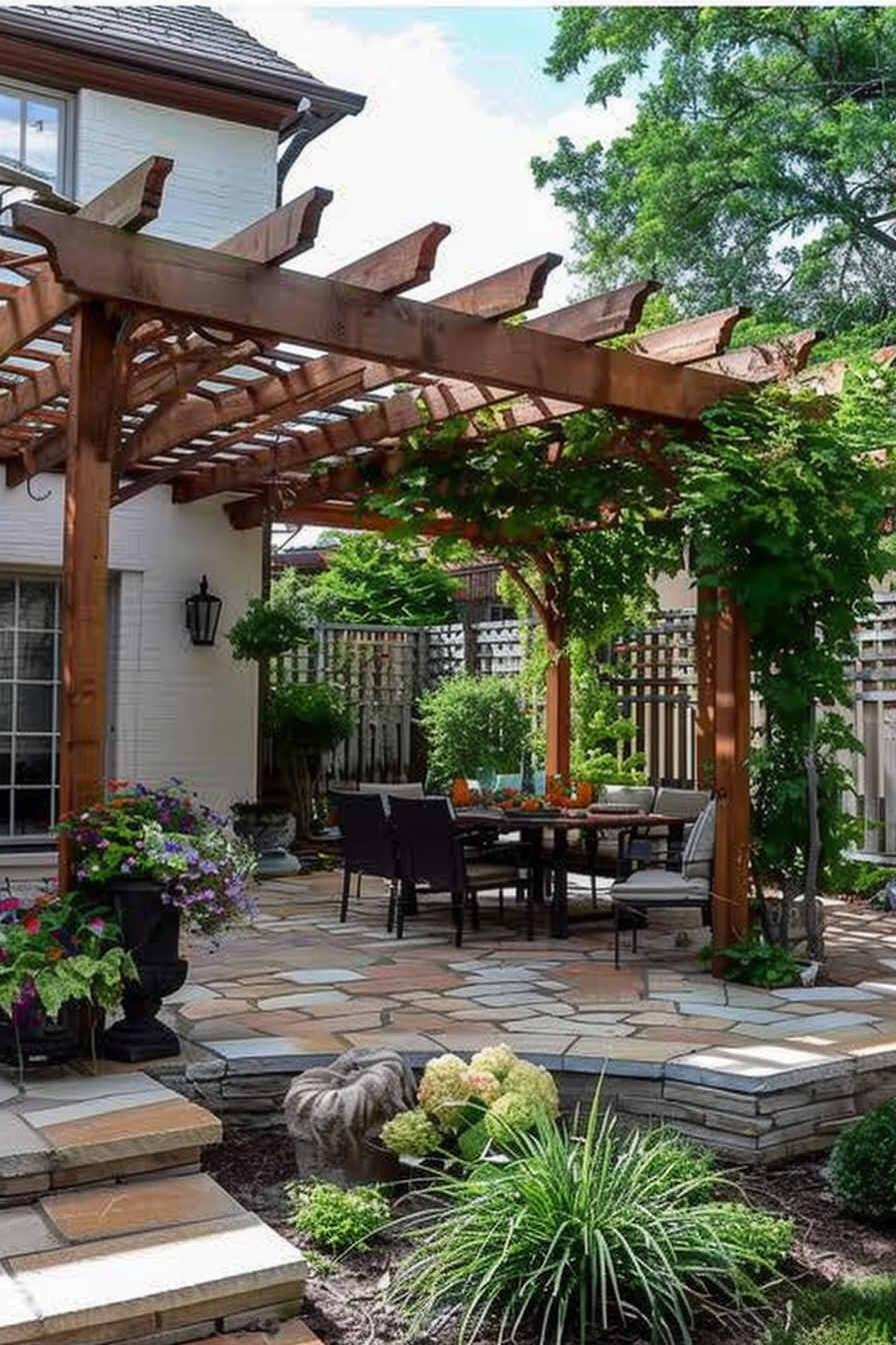 Alt text: A serene backyard with a wooden pergola covered in green vines, a dining set, vibrant plants, and a stone-tiled patio.