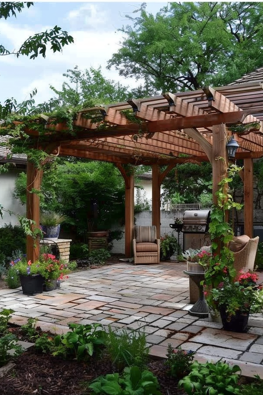 Cozy garden patio with a wooden pergola, brick floor, comfy seating, plants, and a barbecue grill.