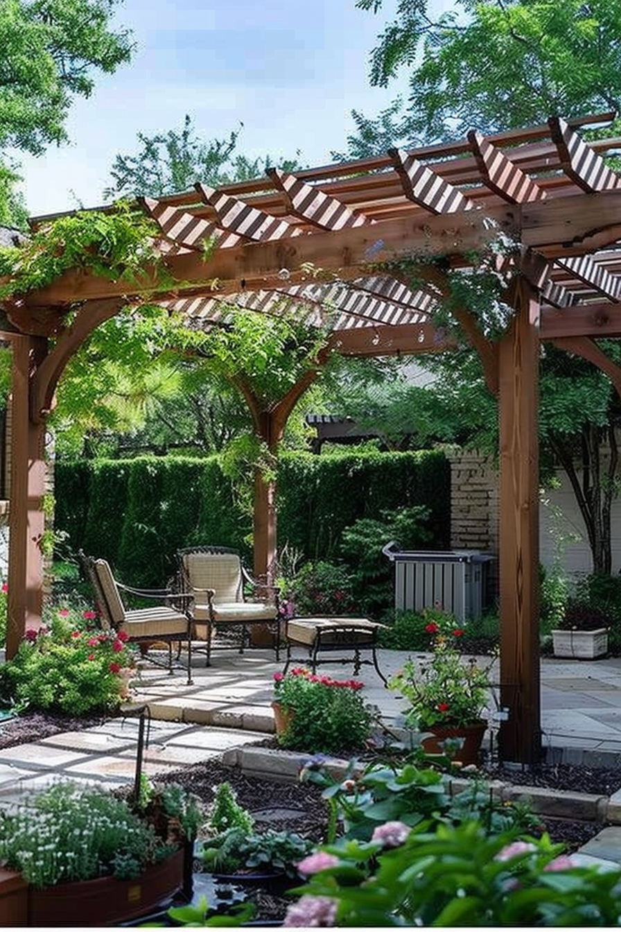 A serene garden patio with a wooden pergola, outdoor furniture surrounded by lush greenery and blooming flowers.