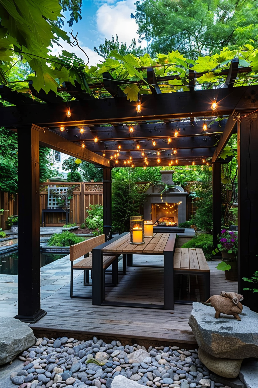 A cozy backyard patio at dusk with string lights, a dining area, a fireplace in the background, and lush greenery.