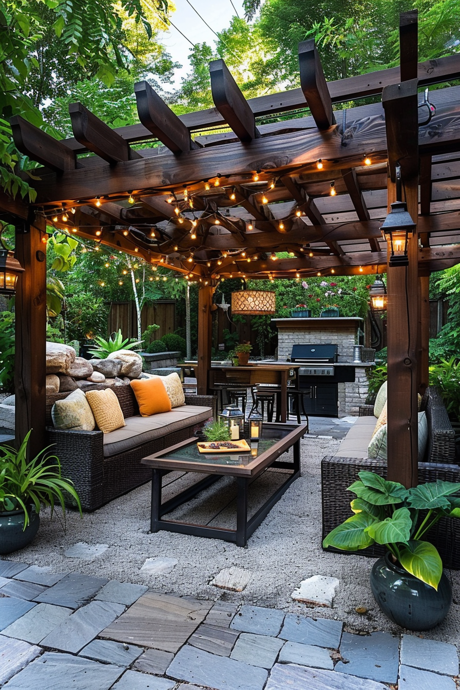 A cozy outdoor patio area with string lights, comfortable seating, a pergola overhead, and an outdoor kitchen in the background.