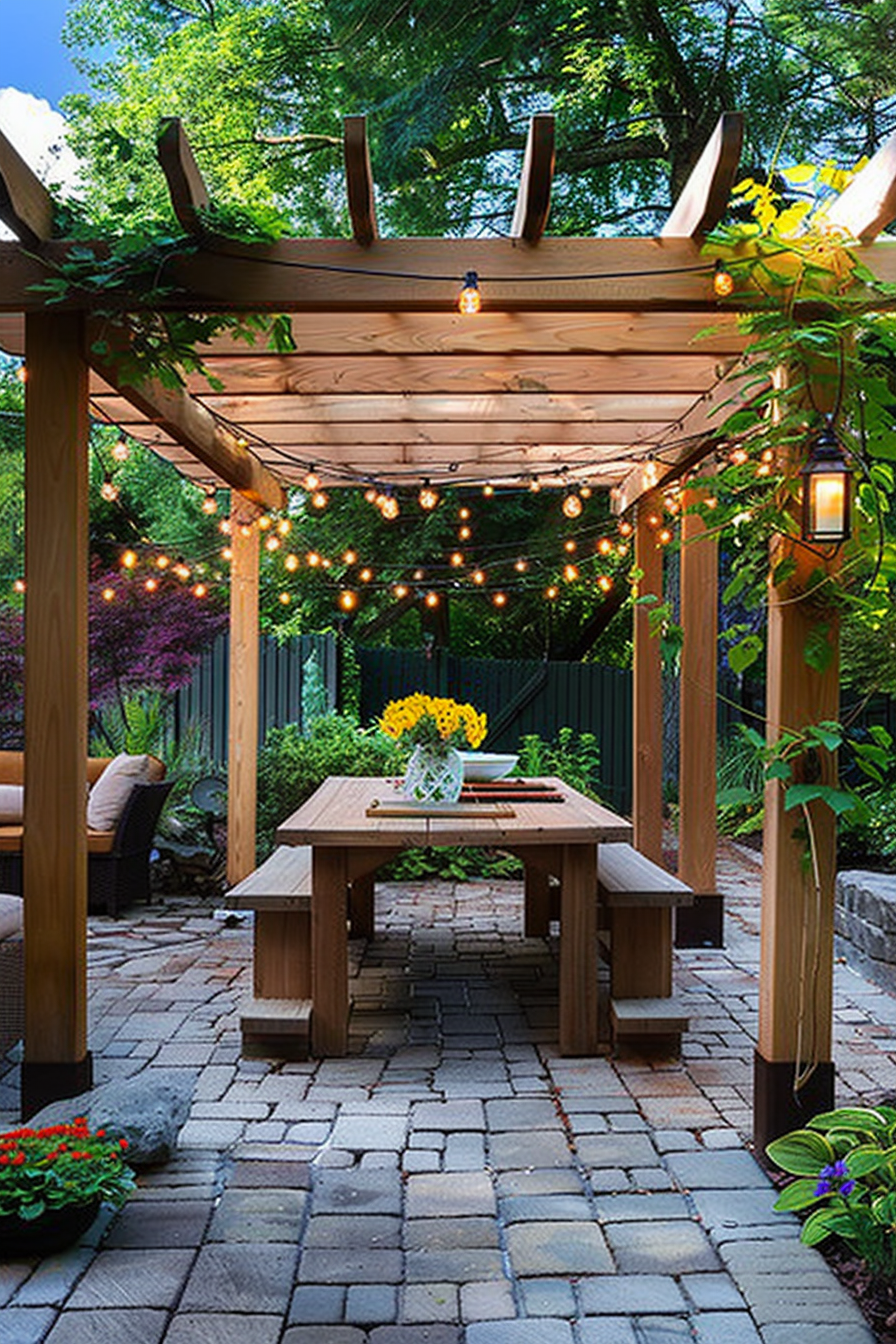 A cozy outdoor patio area with a wooden pergola, string lights, a dining table, and surrounding greenery.