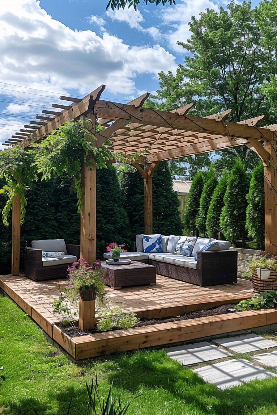 A wooden pergola over a patio with wicker furniture and flowering plants in a lush backyard garden.