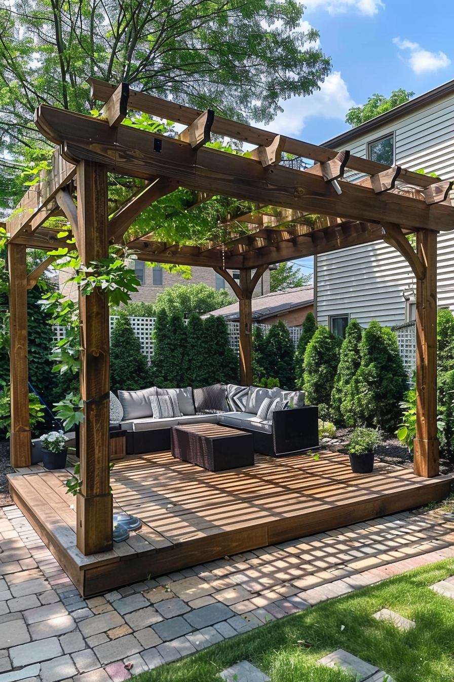 Wooden pergola with a sectional couch on a backyard patio, surrounded by greenery and trees, on a sunny day.