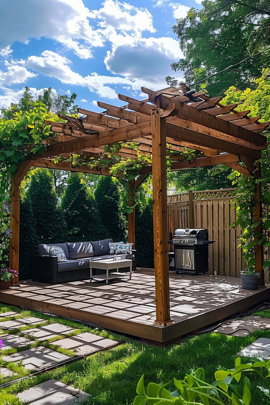 Wooden pergola with climbing vines, outdoor furniture, and a grill on a backyard deck, surrounded by greenery under a blue sky with clouds.