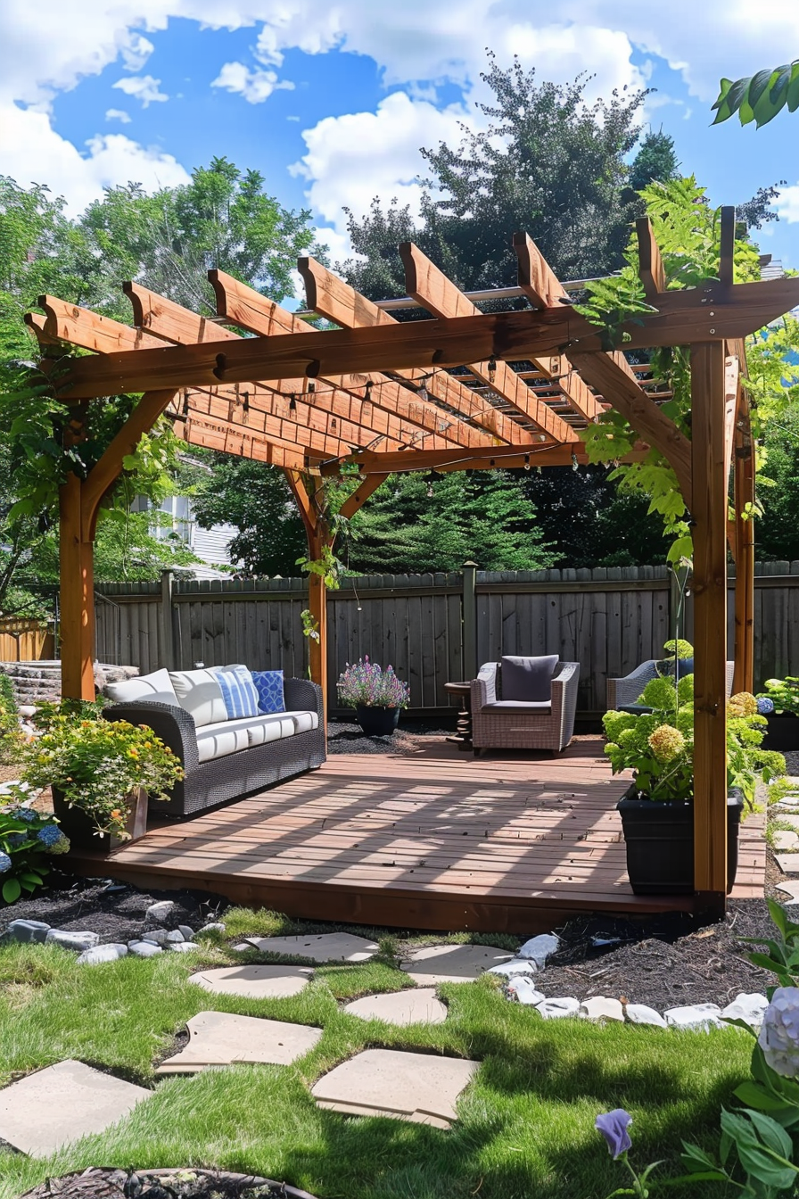 A cozy backyard patio with a wooden pergola, comfortable outdoor furniture, landscaped garden, and a stone pathway under a sunny sky.