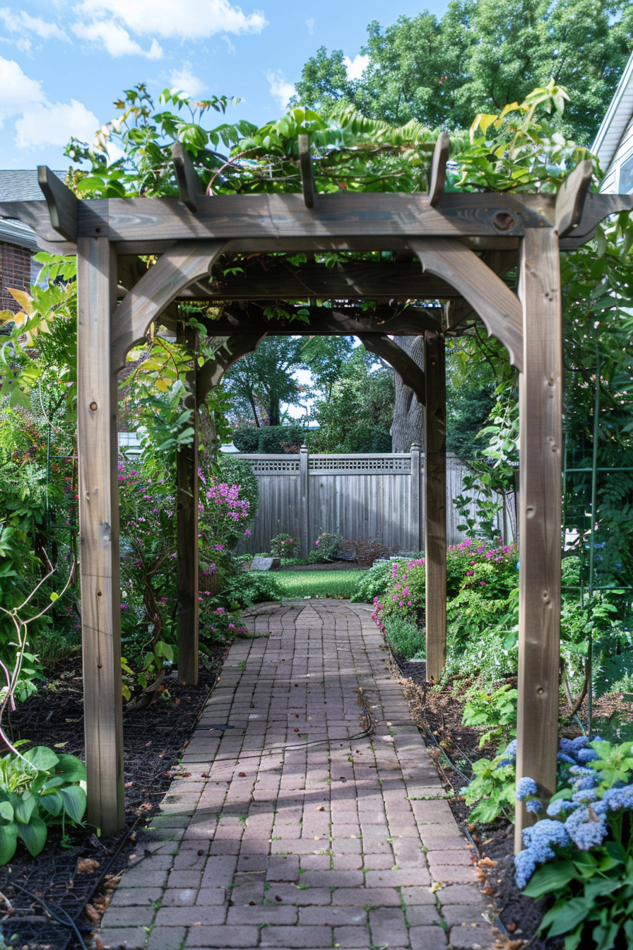 Wooden garden arbor over a brick path leading to a fenced backyard with lush greenery and flowers.
