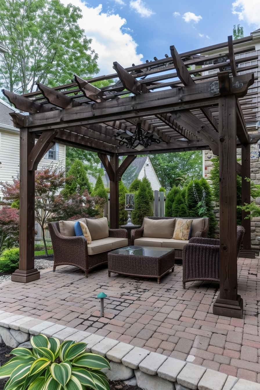 A cozy outdoor seating area with wicker furniture under a wooden pergola, surrounded by lush greenery and paving stone flooring.