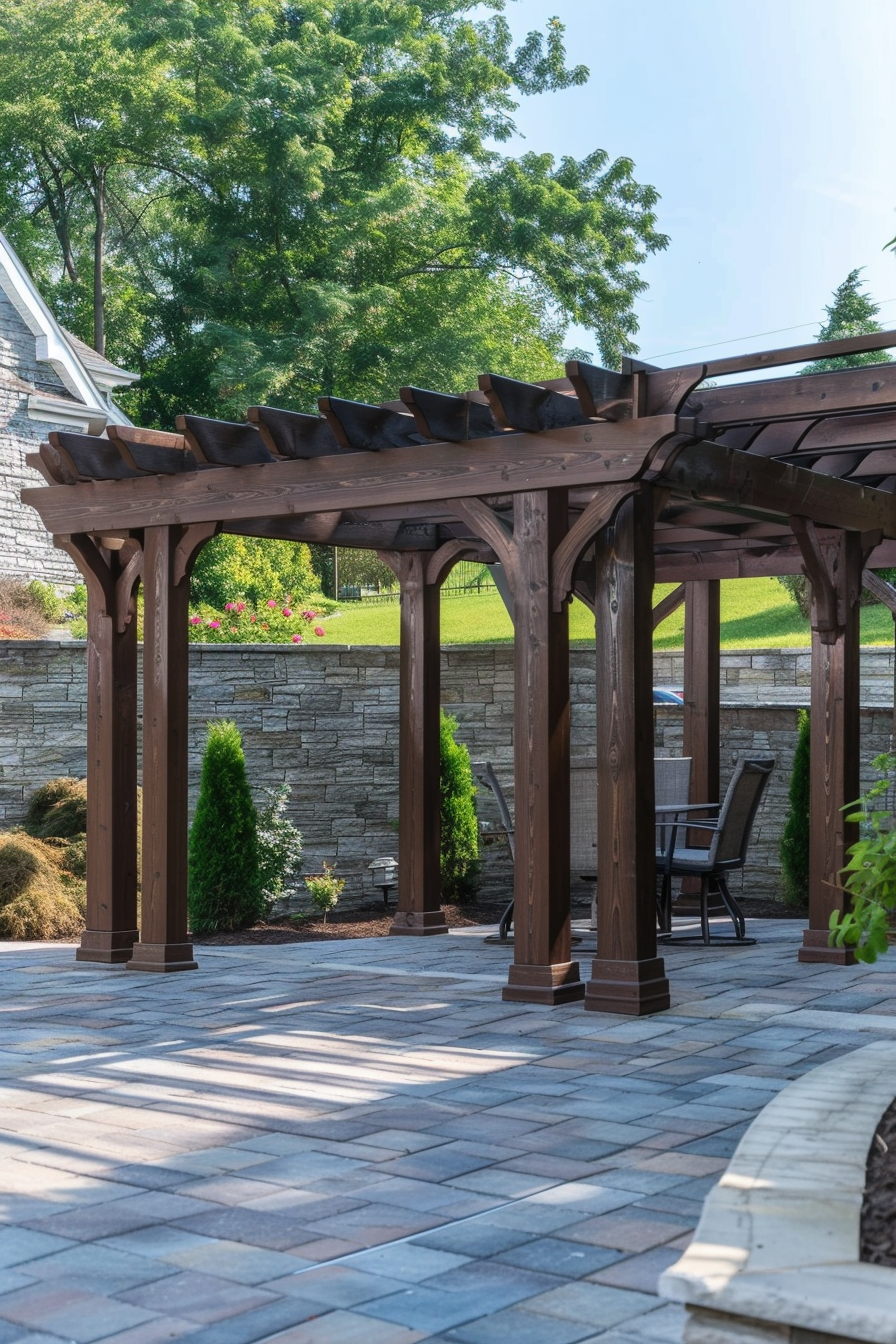 Alt text: A wooden pergola with a gently curved roof standing over a patterned stone patio, surrounded by greenery and a stone wall in the background.