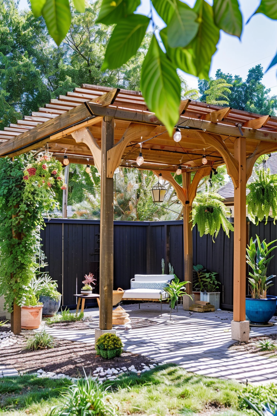 A cozy garden pergola with a wooden bench, hanging lights, potted plants, and lush greenery under a clear, sunny sky.