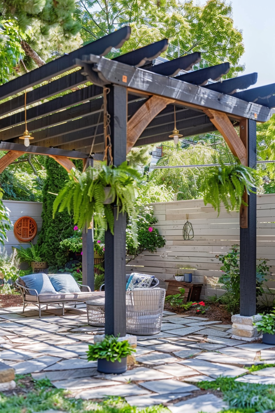 A peaceful backyard setting with a pergola, hanging plants, a lounging chair, and a well-kept garden.