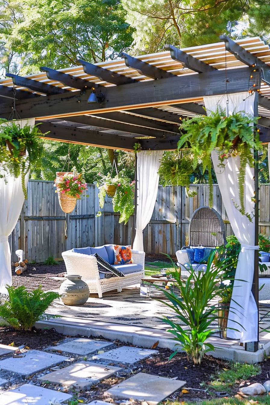 Alt text: A cozy backyard with a pergola, hanging flower pots, white drapes, wicker furniture, and stone pathways amid greenery.
