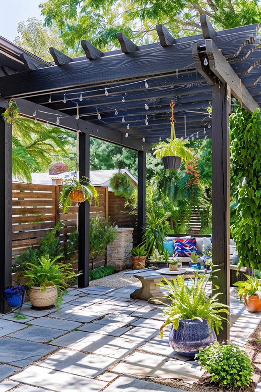 Cozy backyard patio with pergola, string lights, potted plants, and a seating area with colorful cushions.