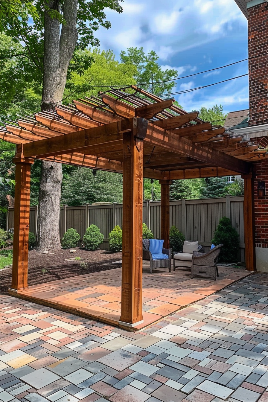 A wooden pergola over a patterned brick patio in a backyard with outdoor furniture, surrounded by a fence and greenery under a blue sky.