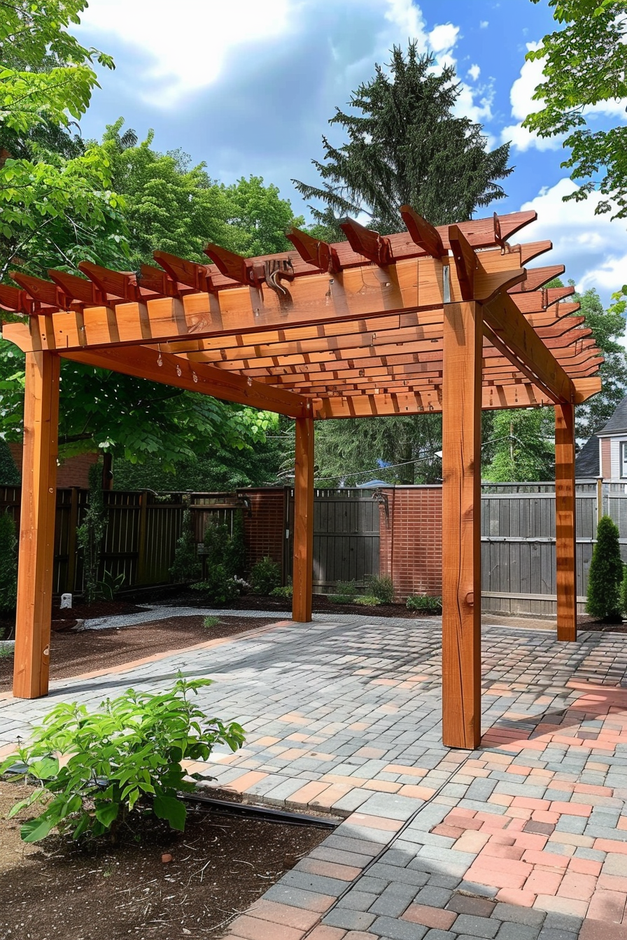 A wooden pergola over a brick patio with greenery and a cloudy blue sky in the background.