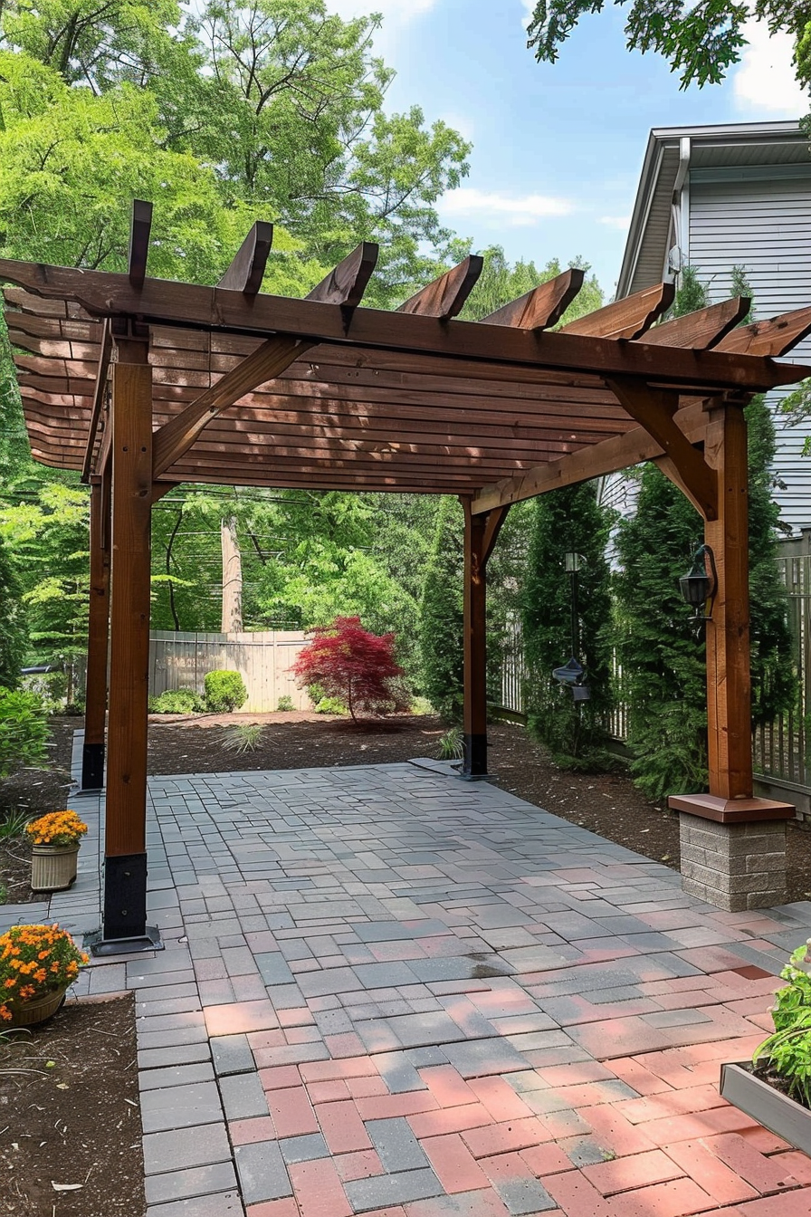 A wooden pergola over a brick patio with surrounding greenery and a red Japanese maple tree in the background.