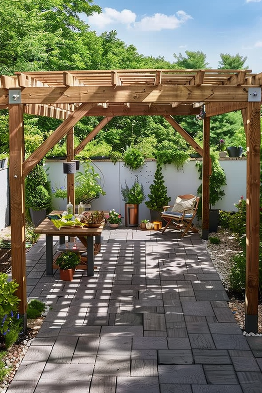 Wooden pergola in a garden with chairs, table, plants, and shaded paving on a sunny day.