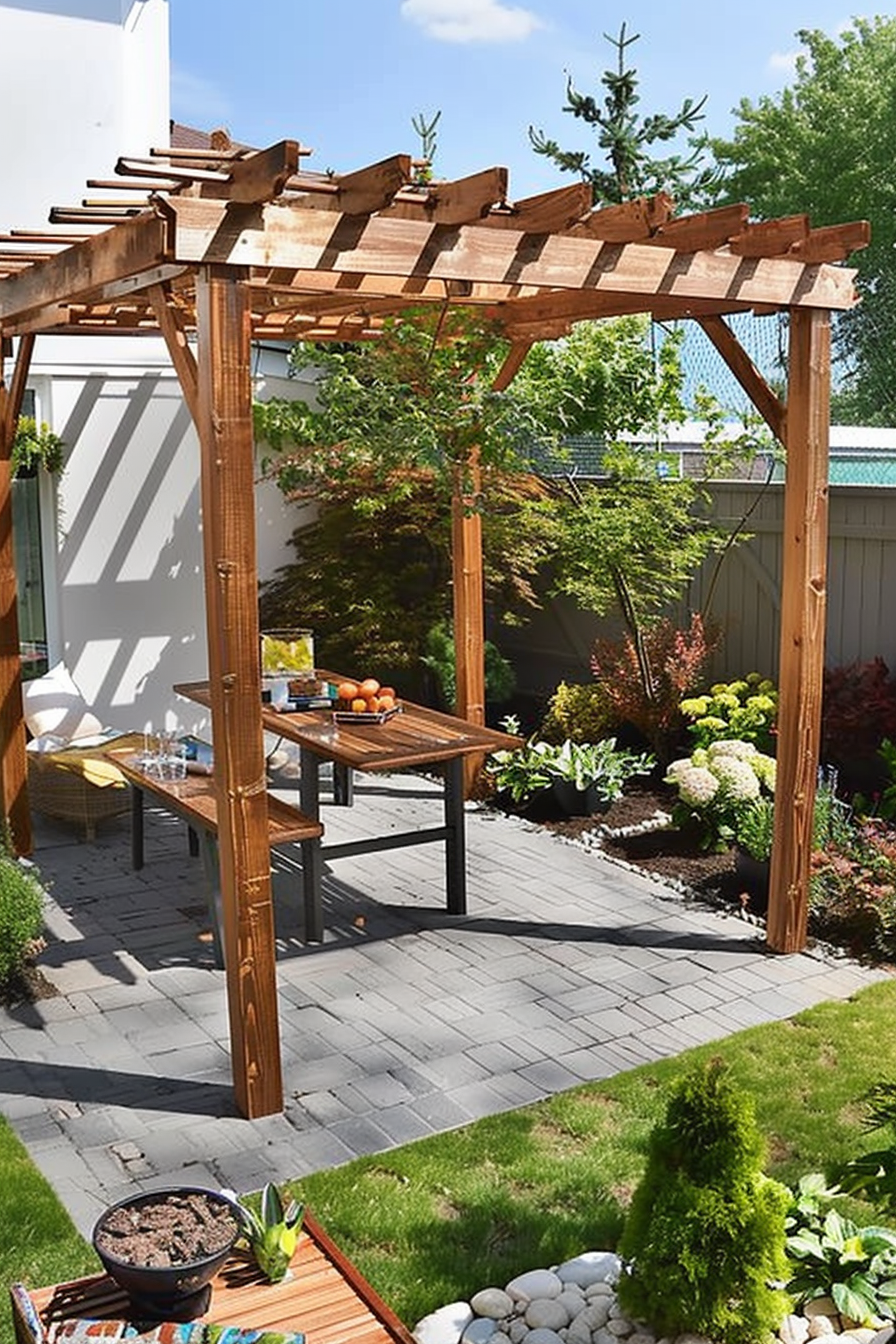 Wooden pergola over a patio with a table and benches surrounded by a lush garden on a sunny day.