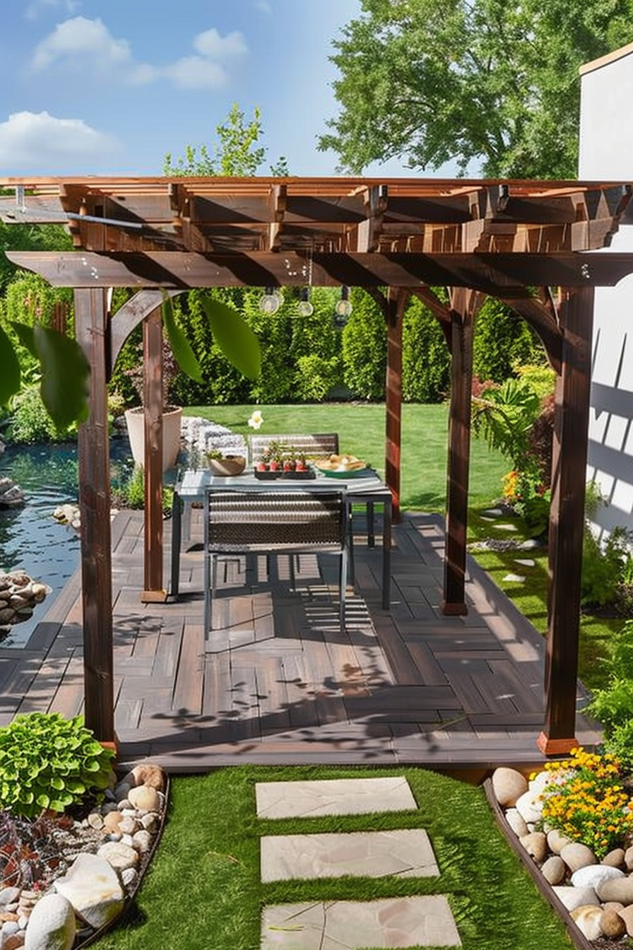 A serene backyard with a wooden pergola over a dining set, adjacent to a pond with stepping stones and lush greenery.