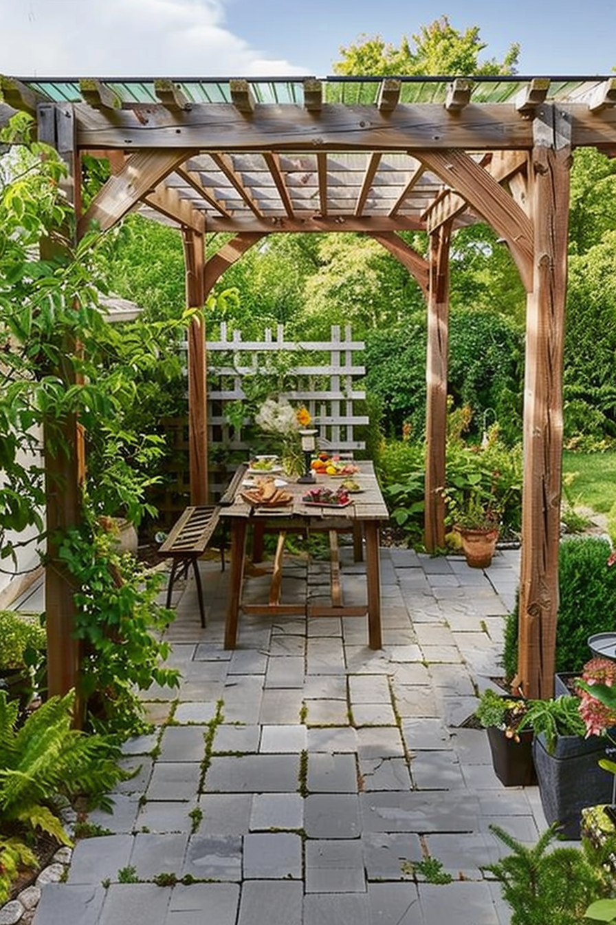 Wooden pergola with transparent roof over a patio dining set, surrounded by greenery and stone pavers.