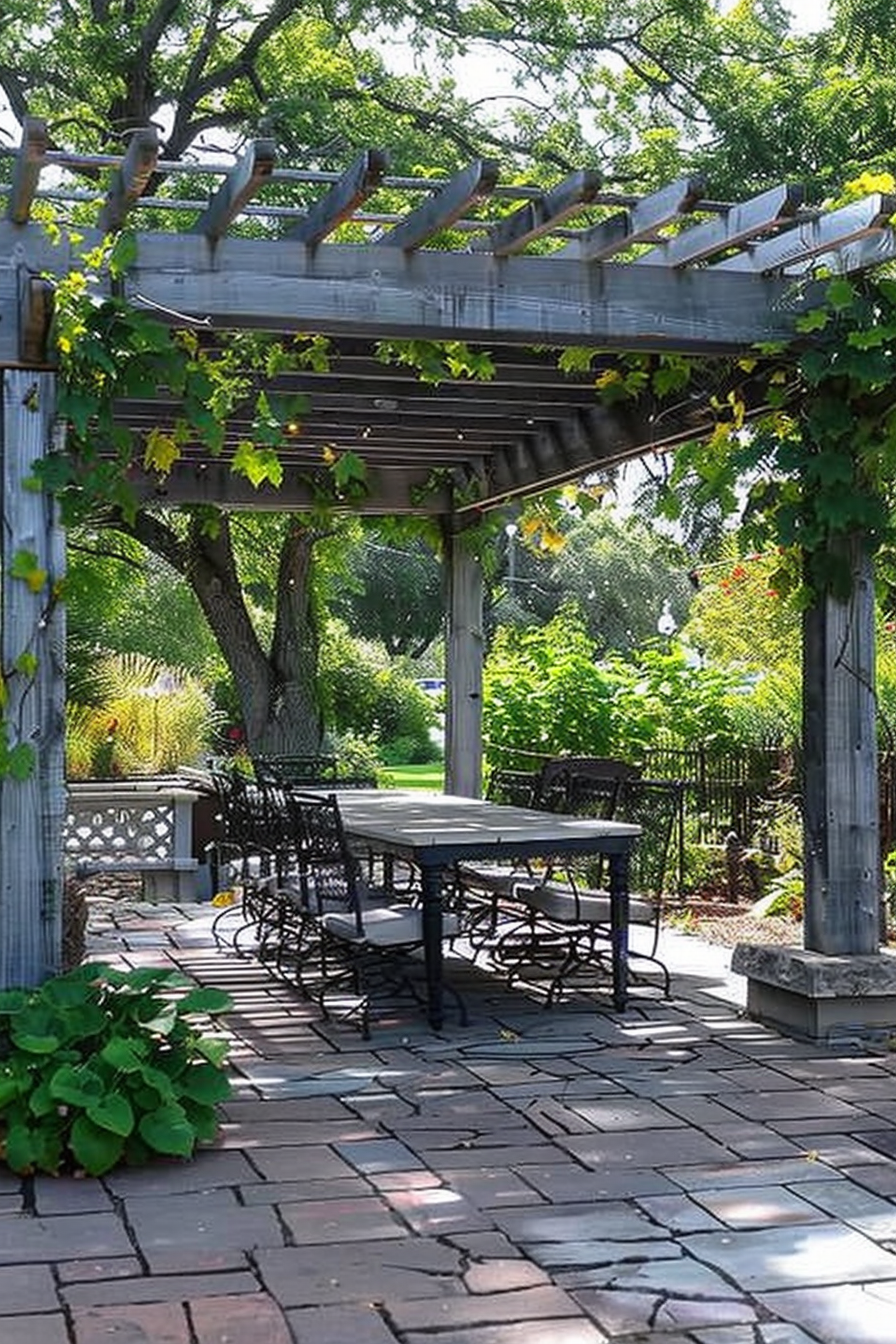 A peaceful outdoor patio with a table and chairs under a vine-covered pergola on a stone-paved ground.