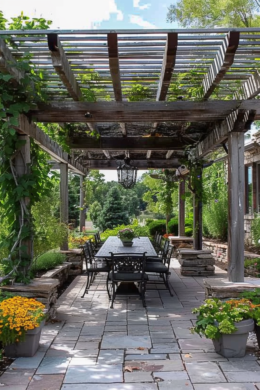 "An inviting outdoor dining area with a slate floor under a wooden pergola, surrounded by lush plants and blooming flowers."