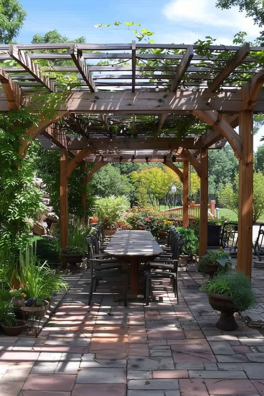 ALT: A wooden pergola with creeping vines over a long dining table in a lush garden with stone paving and potted plants.