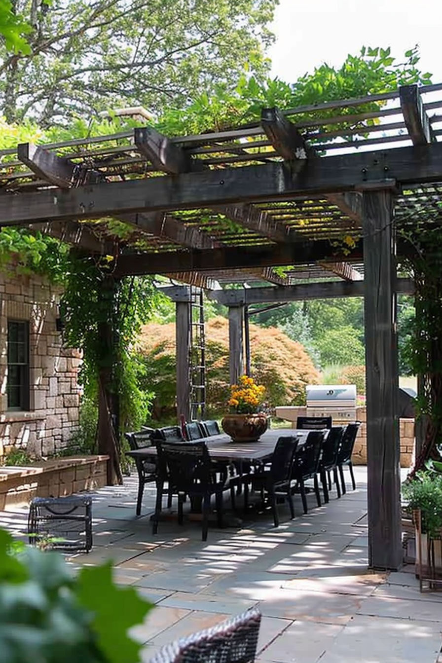 A tranquil outdoor dining area with a wooden pergola, a long table with chairs, and lush greenery in the background.