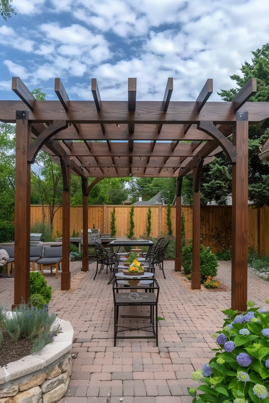 Wooden pergola over a brick patio with outdoor dining furniture, surrounded by a garden and wooden fence, under a cloudy sky.