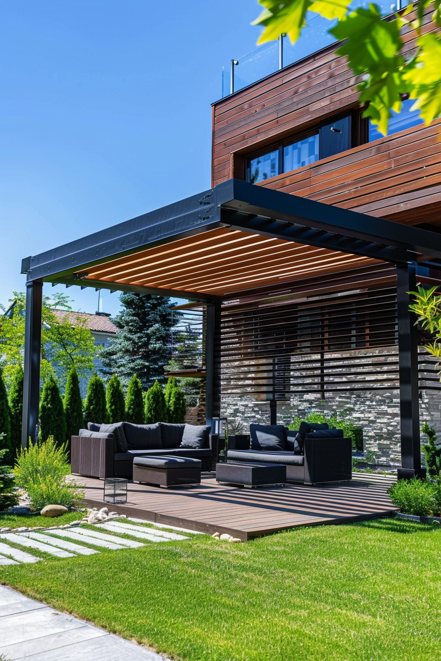 Modern outdoor patio area with wicker furniture under a pergola, adjacent to a wooden and stone facade house, landscaped with greenery.