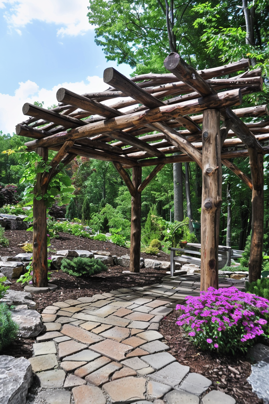 A rustic wooden pergola over a stone path surrounded by lush gardens and flowering plants under a blue sky with fluffy clouds.