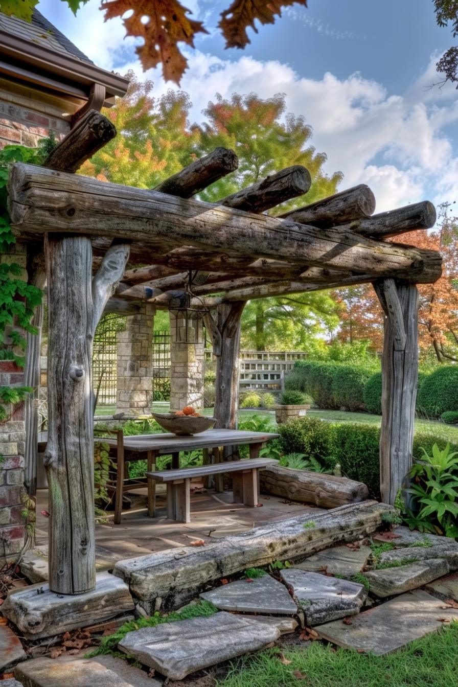 Rustic wooden pergola with a picnic table in a garden, surrounded by greenery and autumn-colored trees under a blue sky.