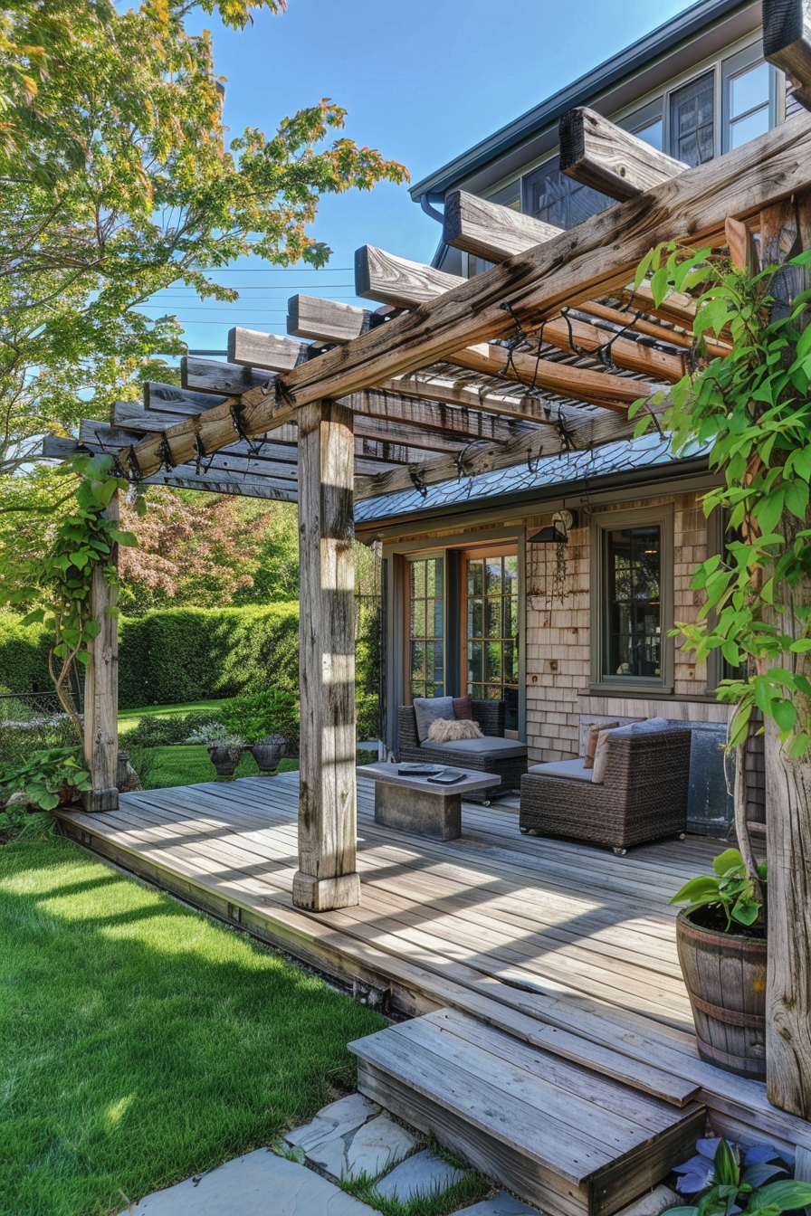 Wooden deck with pergola and outdoor furniture next to a house with lush greenery under a clear blue sky.