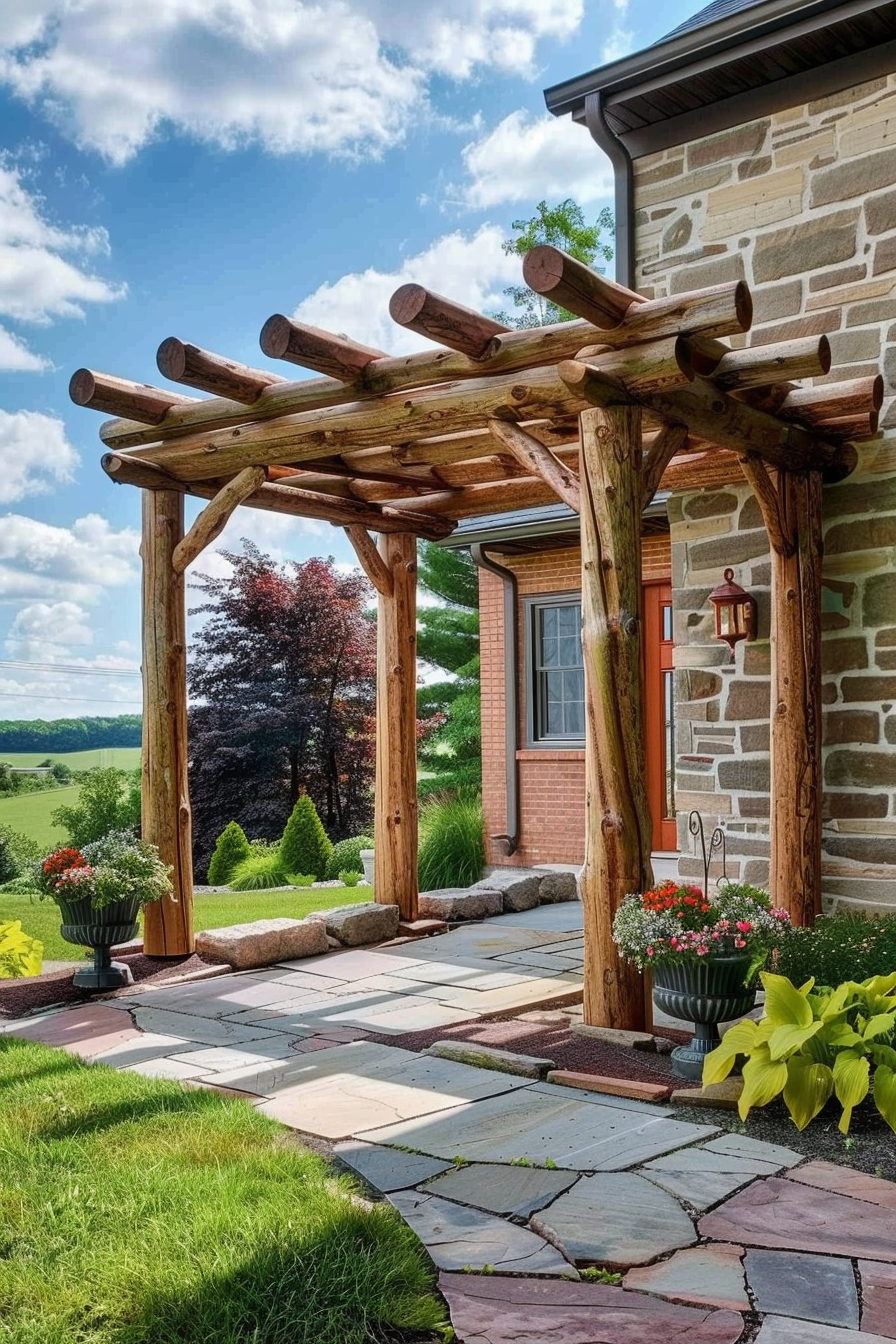 Rustic wooden pergola entrance to a brick house with landscaped garden and countryside view.