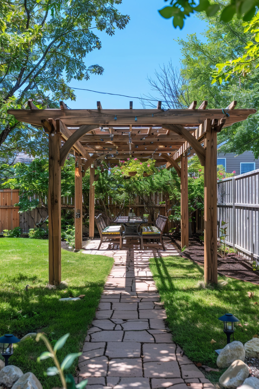 A wooden pergola over a patio with chairs and a table, string lights above, surrounded by greenery and a stone pathway leading to it.
