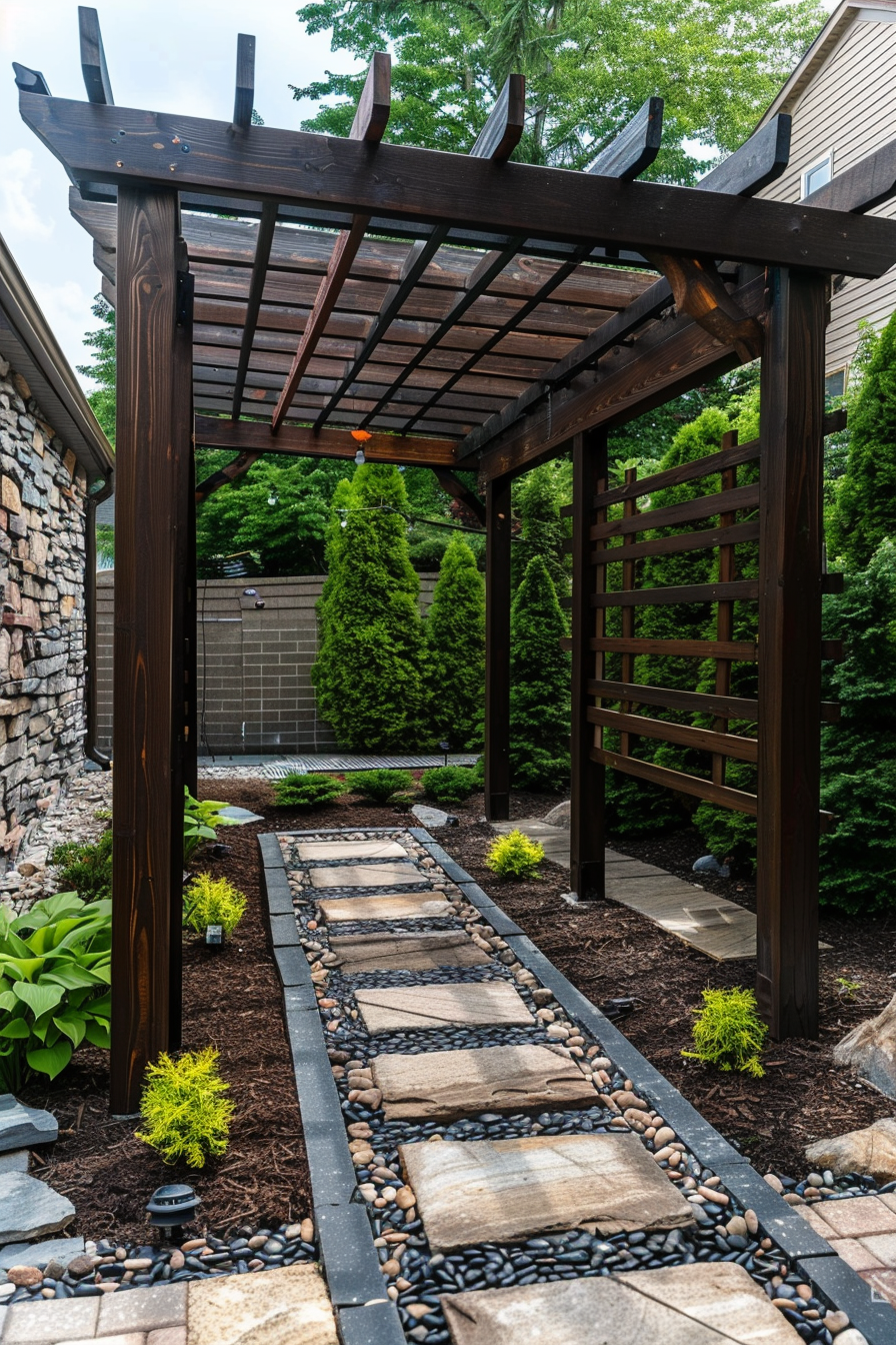 Wooden pergola with trellis over a landscaped pathway lined with stones and lush plants in a backyard garden.