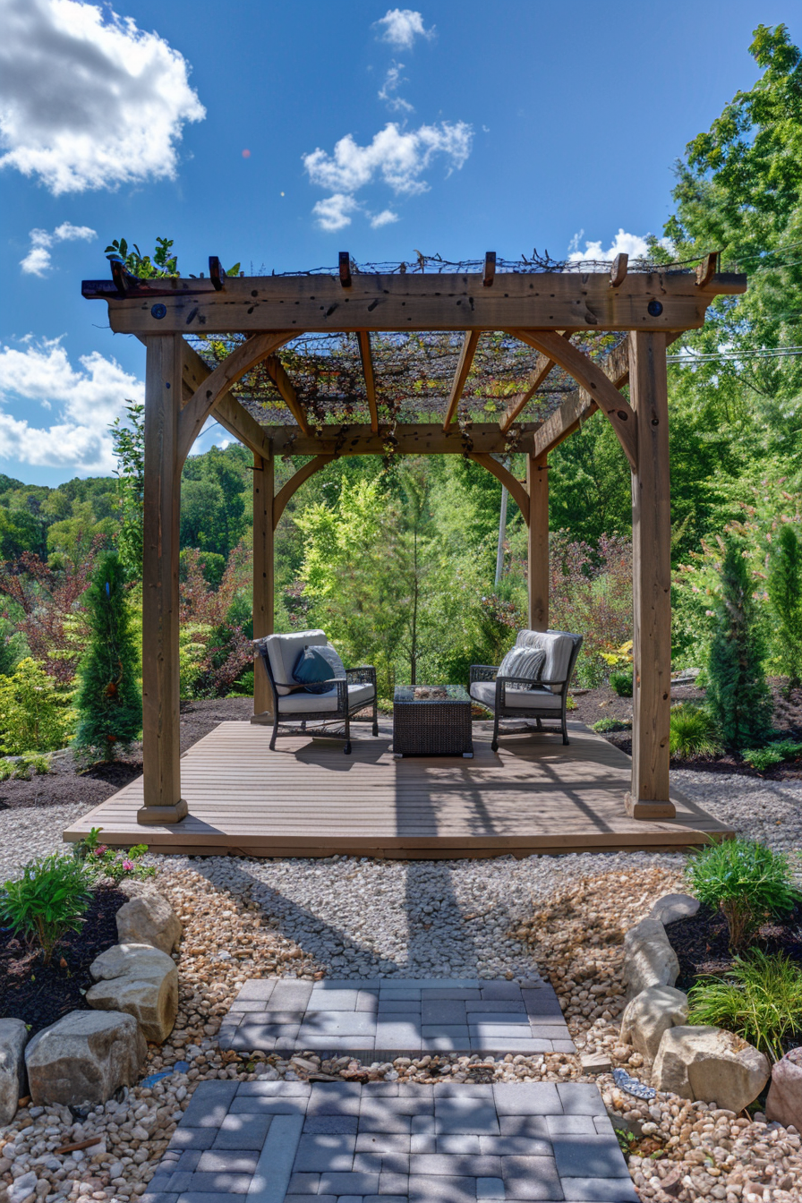 A wooden pergola over a deck with two chairs and a table, surrounded by landscaped garden and bright blue sky.