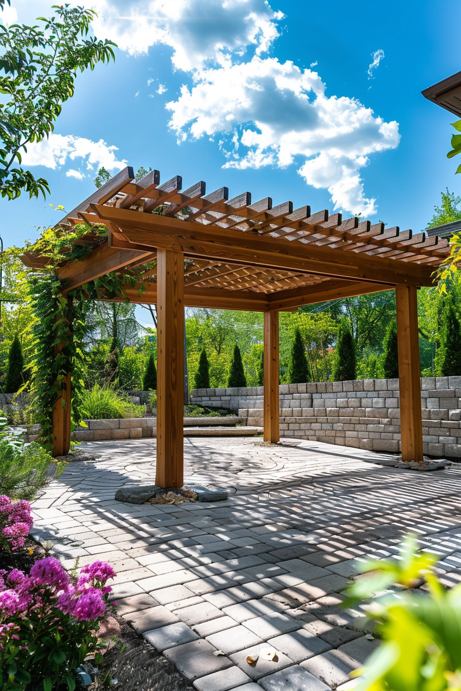 A wooden pergola covered with climbing plants stands in a sunlit garden with a stone pathway and manicured shrubs under a blue sky.