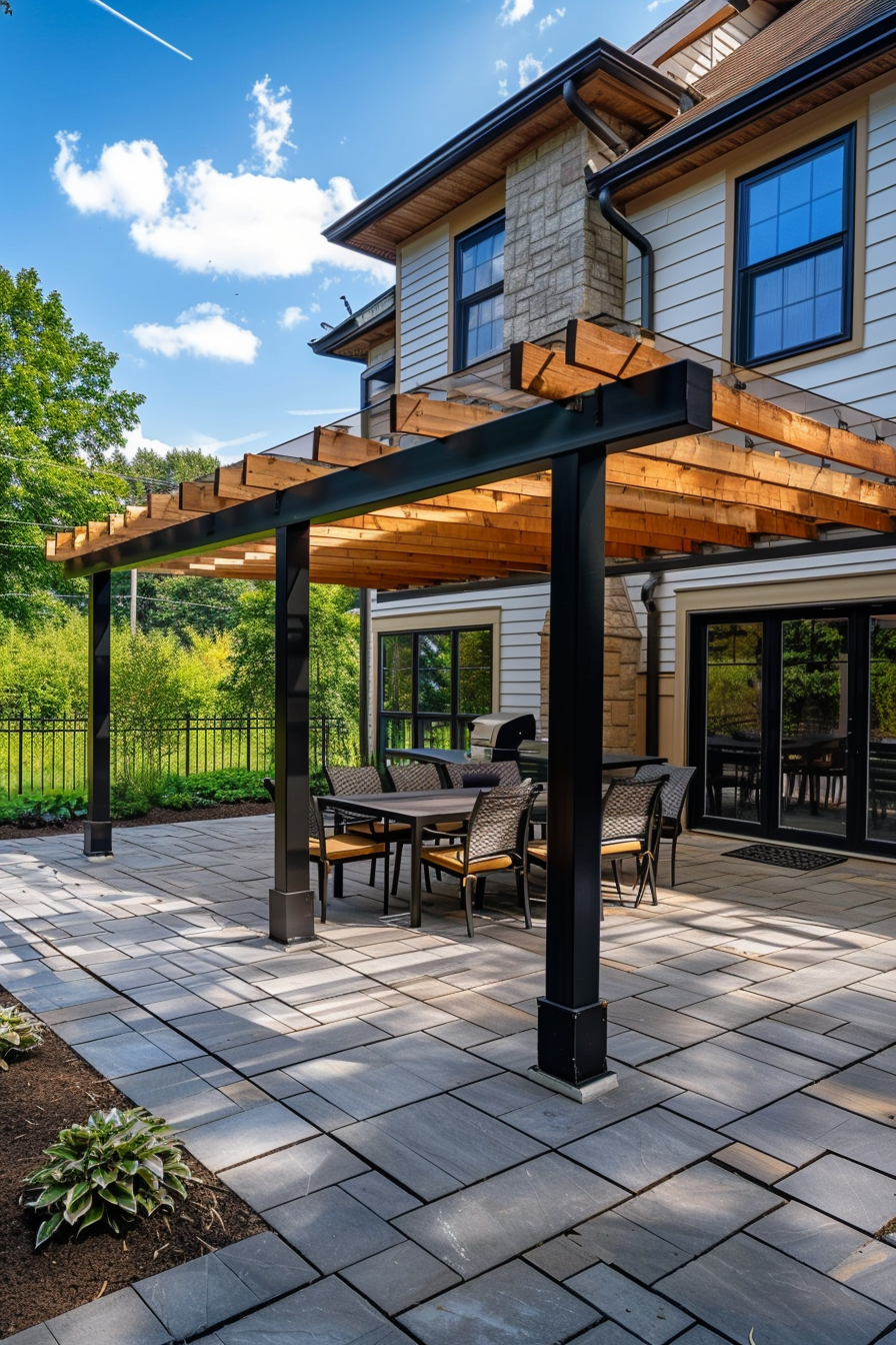 Outdoor patio with furniture under a wooden pergola, adjacent to a stone and siding house, with a clear blue sky above.