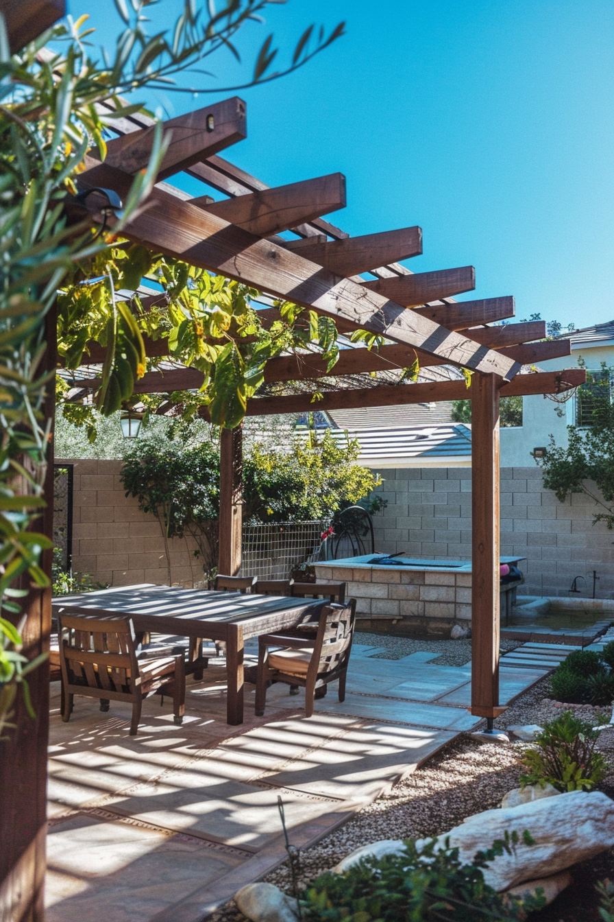 A sunny backyard with a wooden pergola over a dining set amidst greenery, with casting shadows on the floor.