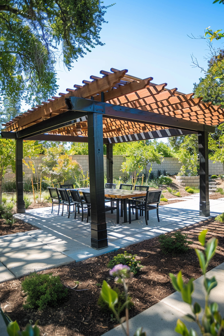 Wooden pergola with dining table and chairs set on a paved patio in a garden with greenery and blue sky in the background.