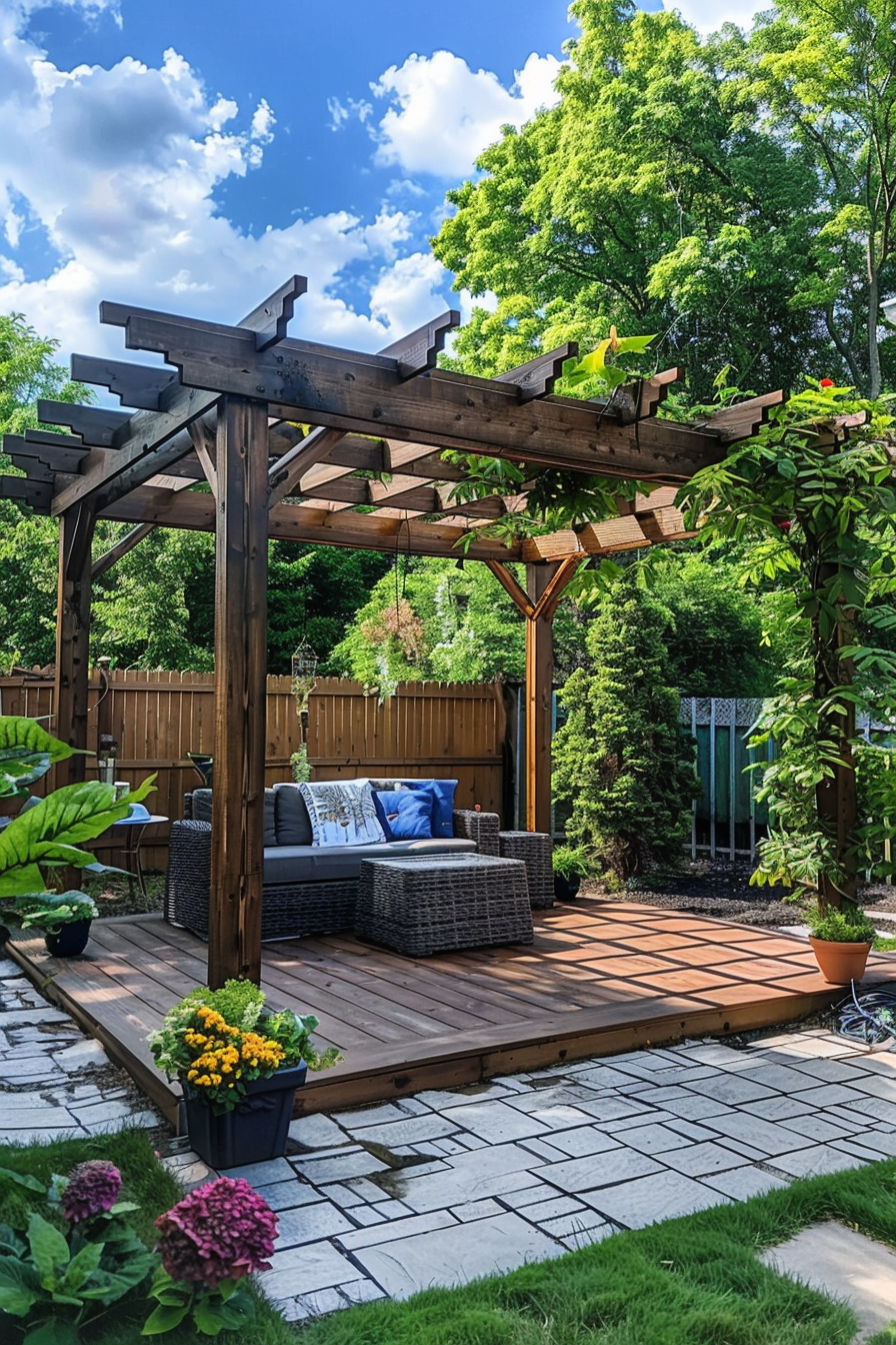 Cozy backyard patio with wooden pergola, wicker furniture, and vibrant plants on a sunny day.