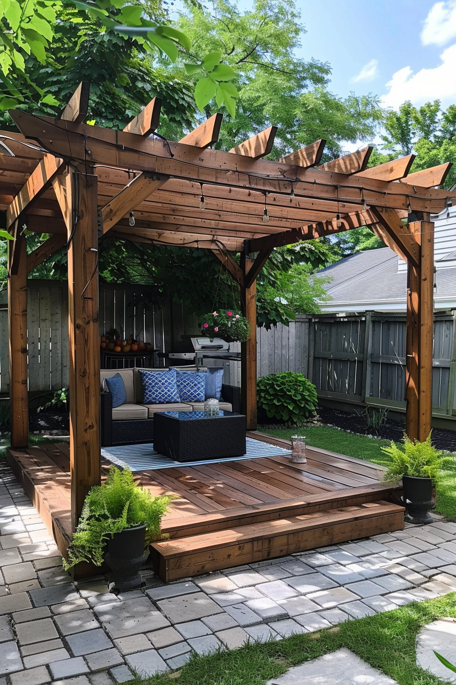 A wooden pergola over a patio with a wicker couch and cushions, string lights above, surrounded by greenery and a privacy fence.