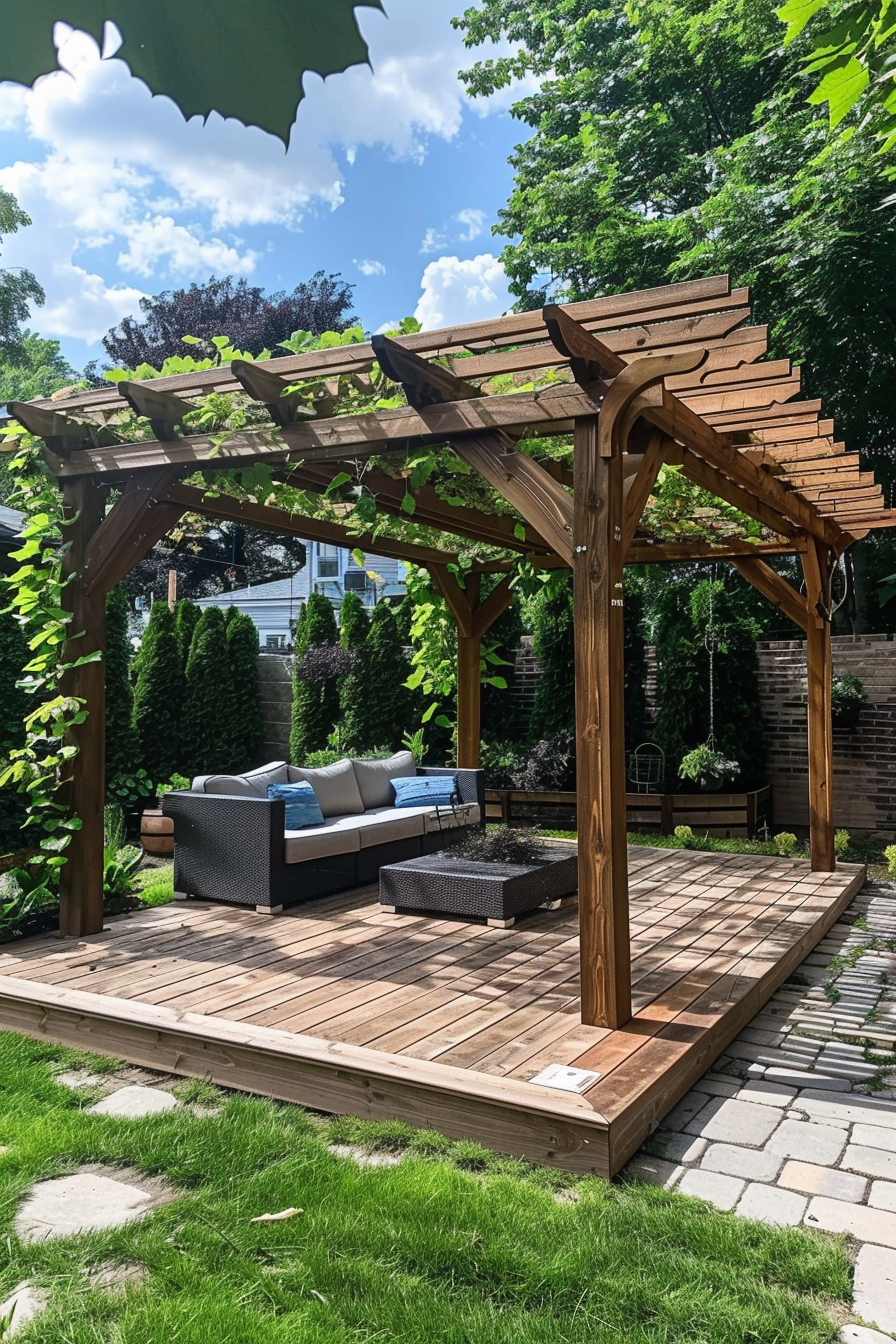ALT: A cozy outdoor wooden pergola with a climbing vine over a seating area with a couch and table, surrounded by lush greenery and trees.