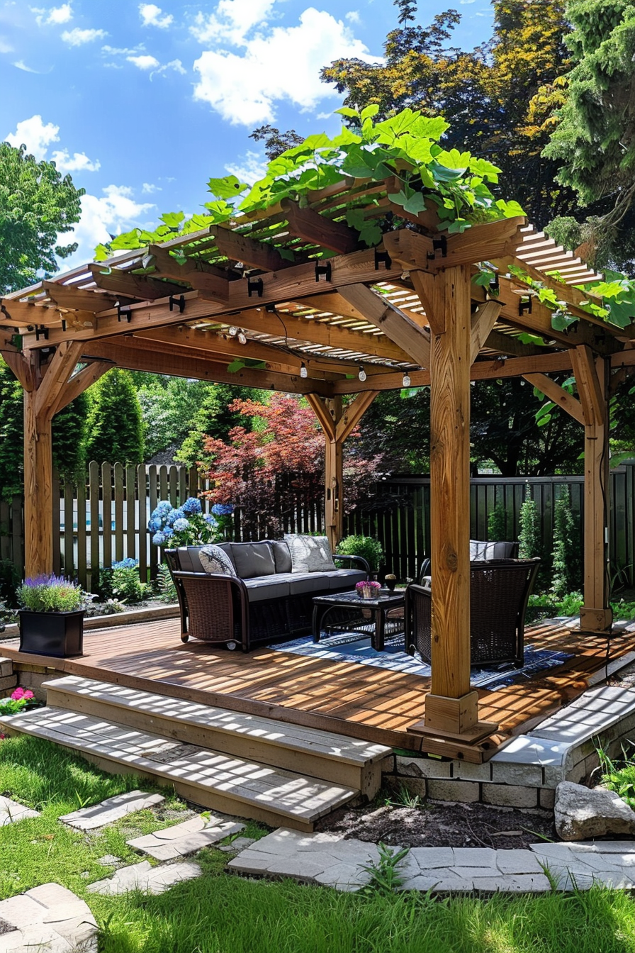 Wooden pergola with climbing plants over a patio with outdoor furniture, surrounded by a garden on a sunny day.